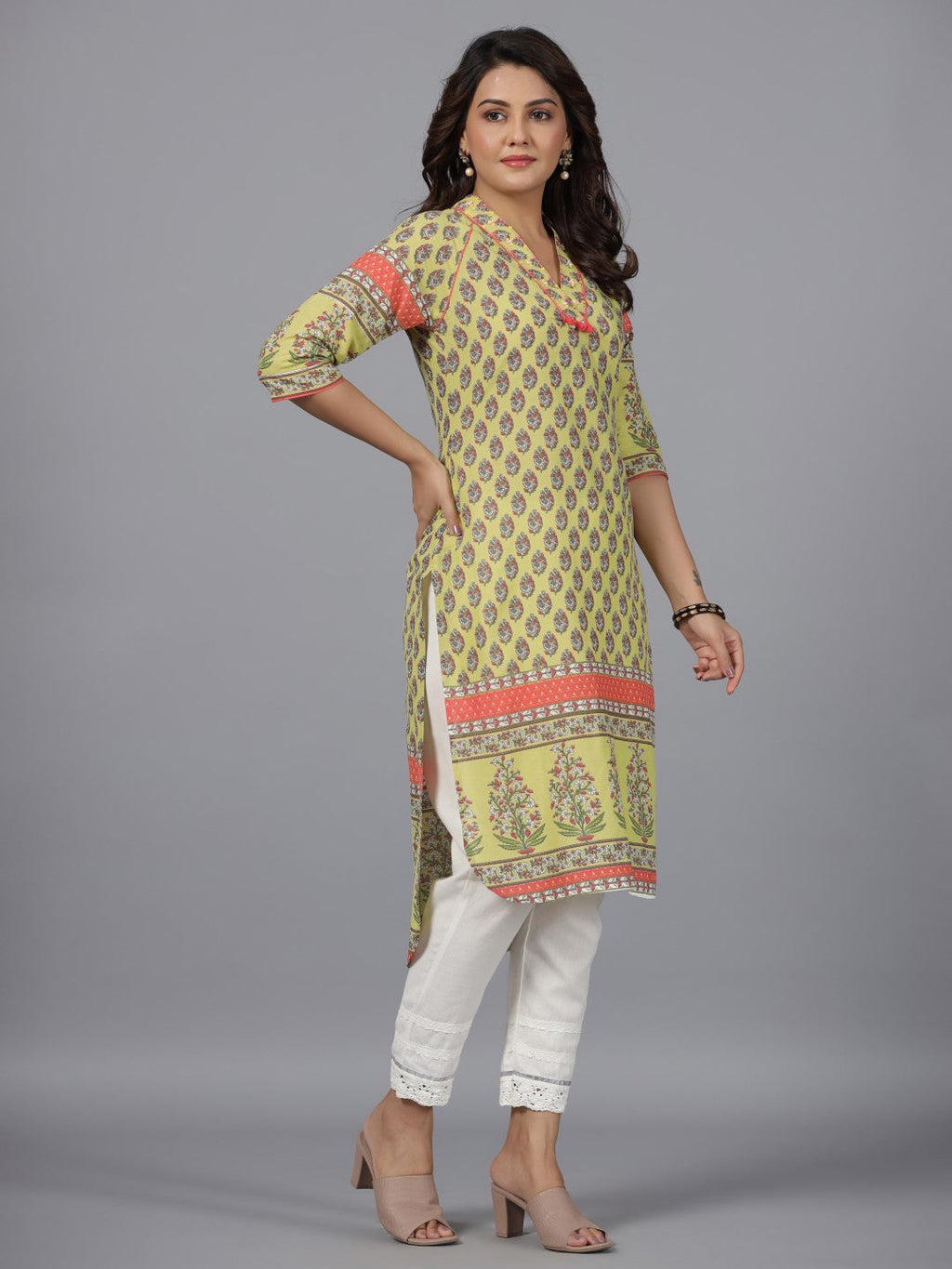 Juniper Women's Women Lime Green Ethnic Motif Printed High Low Cotton Kurta With Kaudis Tassels & Contract Piping | Grocsy