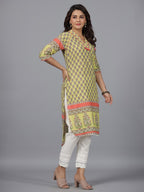 Juniper Women's Women Lime Green Ethnic Motif Printed High Low Cotton Kurta With Kaudis Tassels & Contract Piping | Grocsy