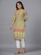 Juniper Women's Women Lime Green Ethnic Motif Printed High Low Cotton Kurta With Kaudis Tassels & Contract Piping | Grocsy