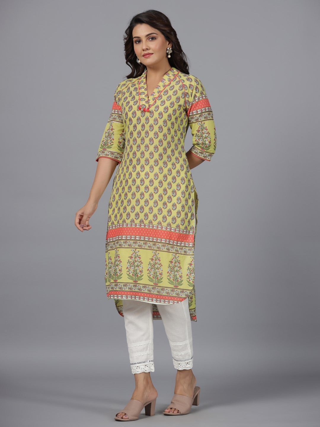Juniper Women's Women Lime Green Ethnic Motif Printed High Low Cotton Kurta With Kaudis Tassels & Contract Piping | Grocsy