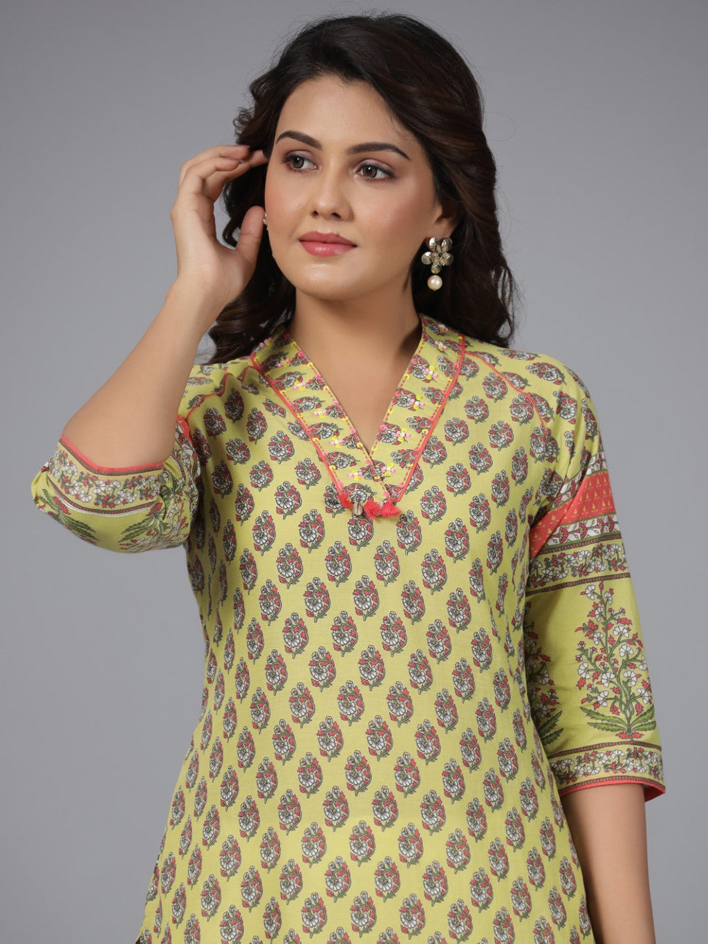 Juniper Women's Women Lime Green Ethnic Motif Printed High Low Cotton Kurta With Kaudis Tassels & Contract Piping | Grocsy