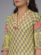 Juniper Women's Women Lime Green Ethnic Motif Printed High Low Cotton Kurta With Kaudis Tassels & Contract Piping | Grocsy