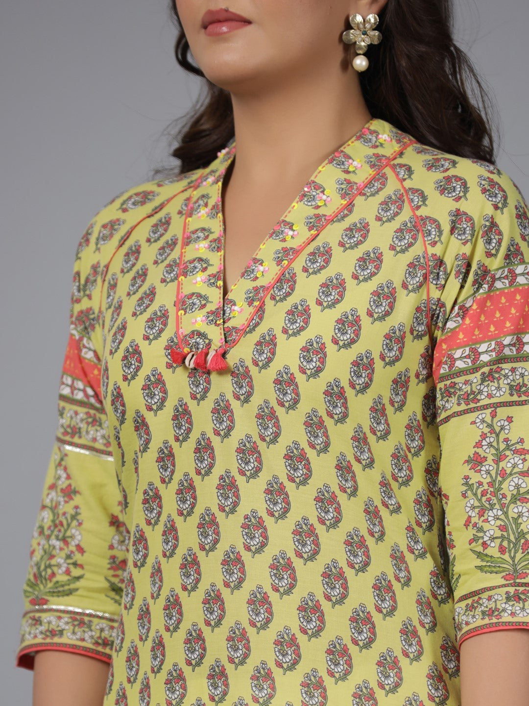 Juniper Women's Women Lime Green Ethnic Motif Printed High Low Cotton Kurta With Kaudis Tassels & Contract Piping | Grocsy