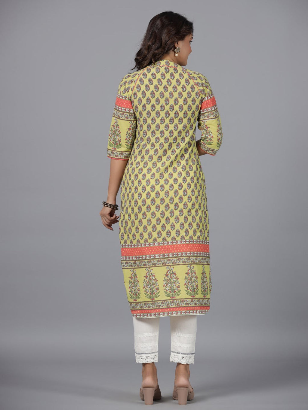 Juniper Women's Women Lime Green Ethnic Motif Printed High Low Cotton Kurta With Kaudis Tassels & Contract Piping | Grocsy
