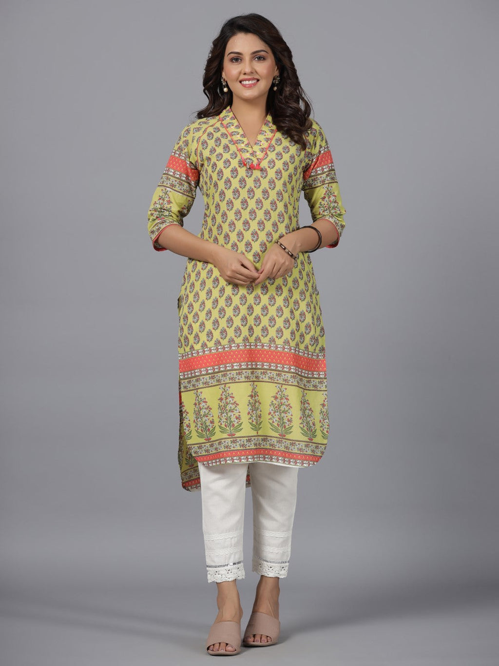Juniper Women's Women Lime Green Ethnic Motif Printed High Low Cotton Kurta With Kaudis Tassels & Contract Piping | Grocsy
