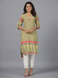 Juniper Women's Women Lime Green Ethnic Motif Printed High Low Cotton Kurta With Kaudis Tassels & Contract Piping | Grocsy