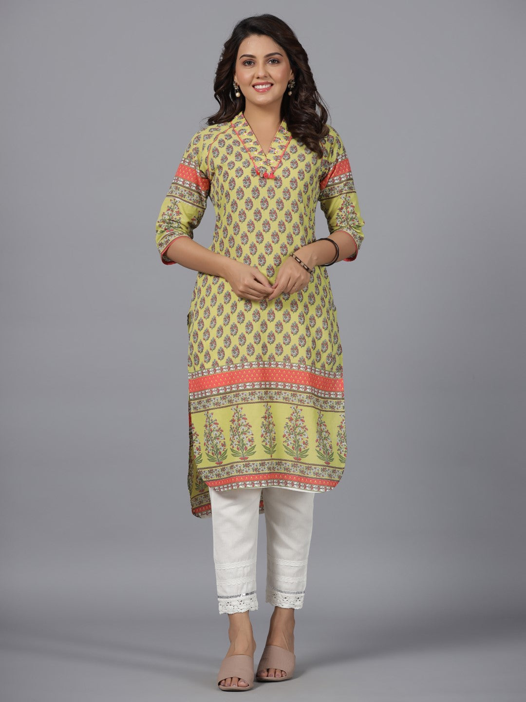 Juniper Women's Women Lime Green Ethnic Motif Printed High Low Cotton Kurta With Kaudis Tassels & Contract Piping | Grocsy