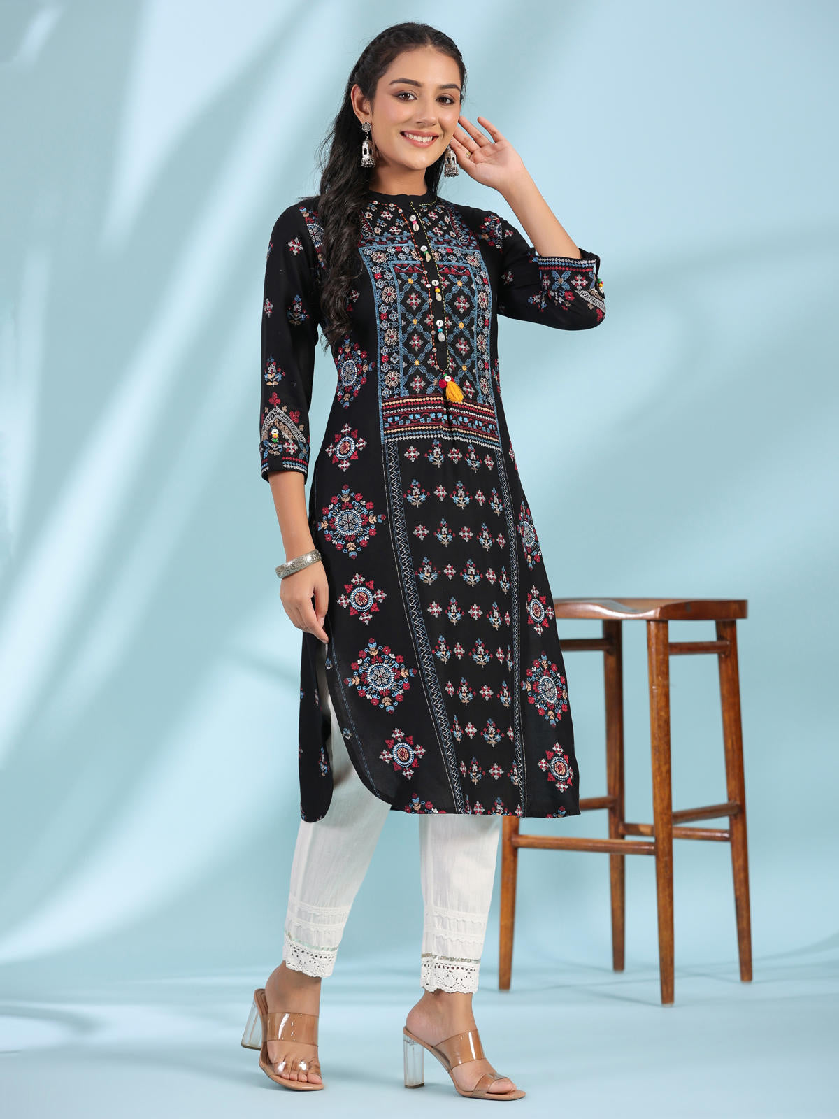 Juniper Women's Black Ethnic Motif Printed Rayon Calf Length Straight Kurta With Kaudis Kantha Work & Sequins | Grocsy