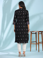 Juniper Women's Black Ethnic Motif Printed Rayon Calf Length Straight Kurta With Kaudis Kantha Work & Sequins | Grocsy