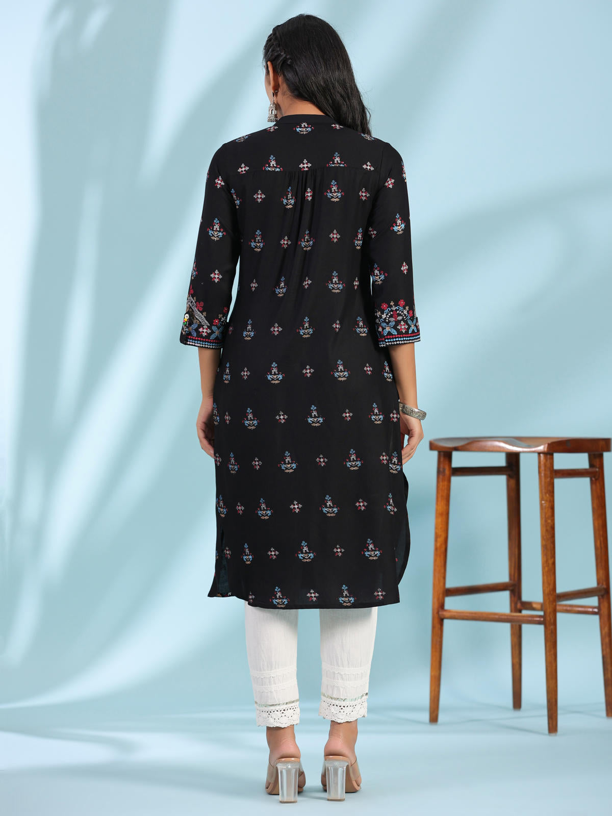 Juniper Women's Black Ethnic Motif Printed Rayon Calf Length Straight Kurta With Kaudis Kantha Work & Sequins | Grocsy