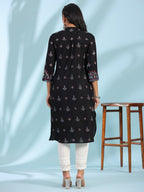Juniper Black Ethnic Motif Printed Rayon Calf Length Straight Kurta With Kaudis Kantha Work & Sequins | Grocsy