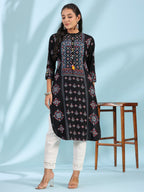 Juniper Black Ethnic Motif Printed Rayon Calf Length Straight Kurta With Kaudis Kantha Work & Sequins | Grocsy