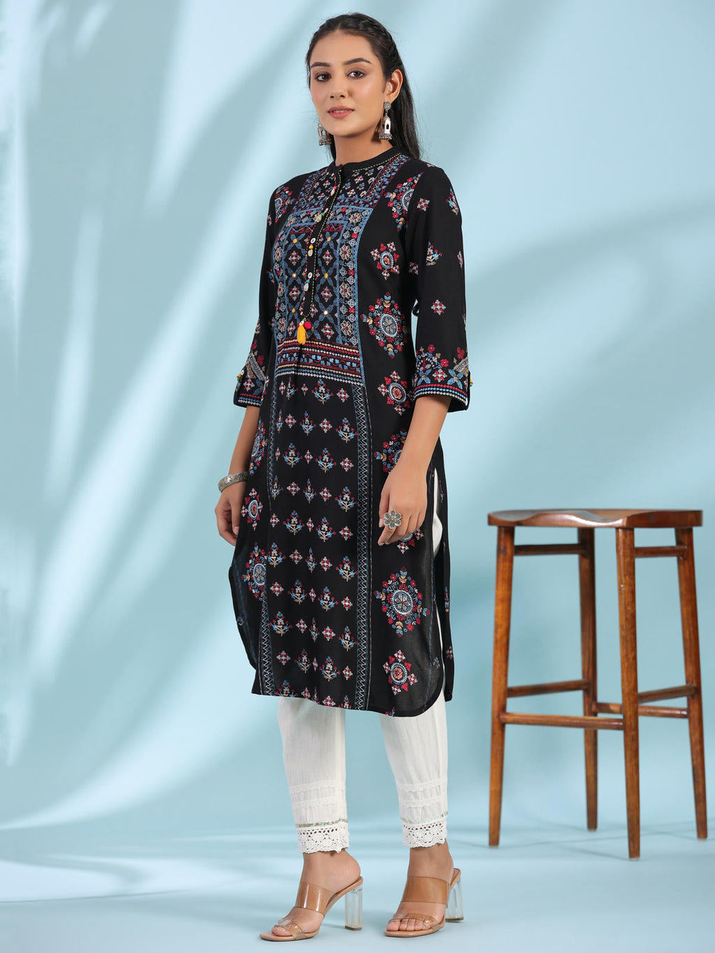 Juniper Women's Black Ethnic Motif Printed Rayon Calf Length Straight Kurta With Kaudis Kantha Work & Sequins | Grocsy