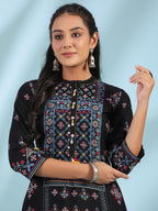 Juniper Women's Black Ethnic Motif Printed Rayon Calf Length Straight Kurta With Kaudis Kantha Work & Sequins | Grocsy