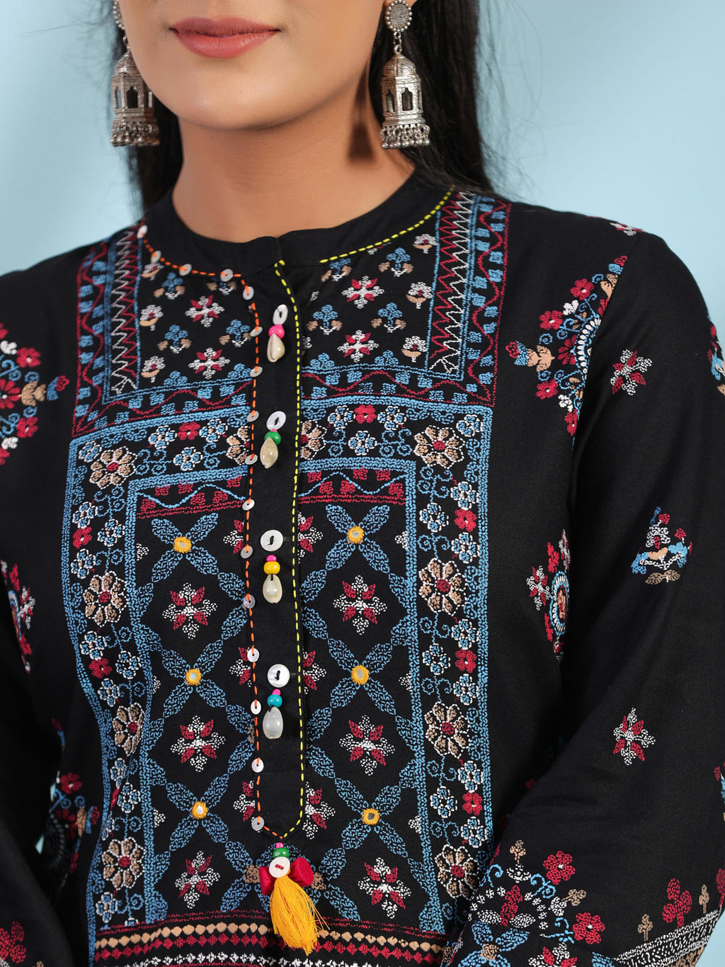 Juniper Women's Black Ethnic Motif Printed Rayon Calf Length Straight Kurta With Kaudis Kantha Work & Sequins | Grocsy