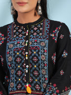Juniper Women's Black Ethnic Motif Printed Rayon Calf Length Straight Kurta With Kaudis Kantha Work & Sequins | Grocsy