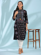 Juniper Women's Black Ethnic Motif Printed Rayon Calf Length Straight Kurta With Kaudis Kantha Work & Sequins | Grocsy