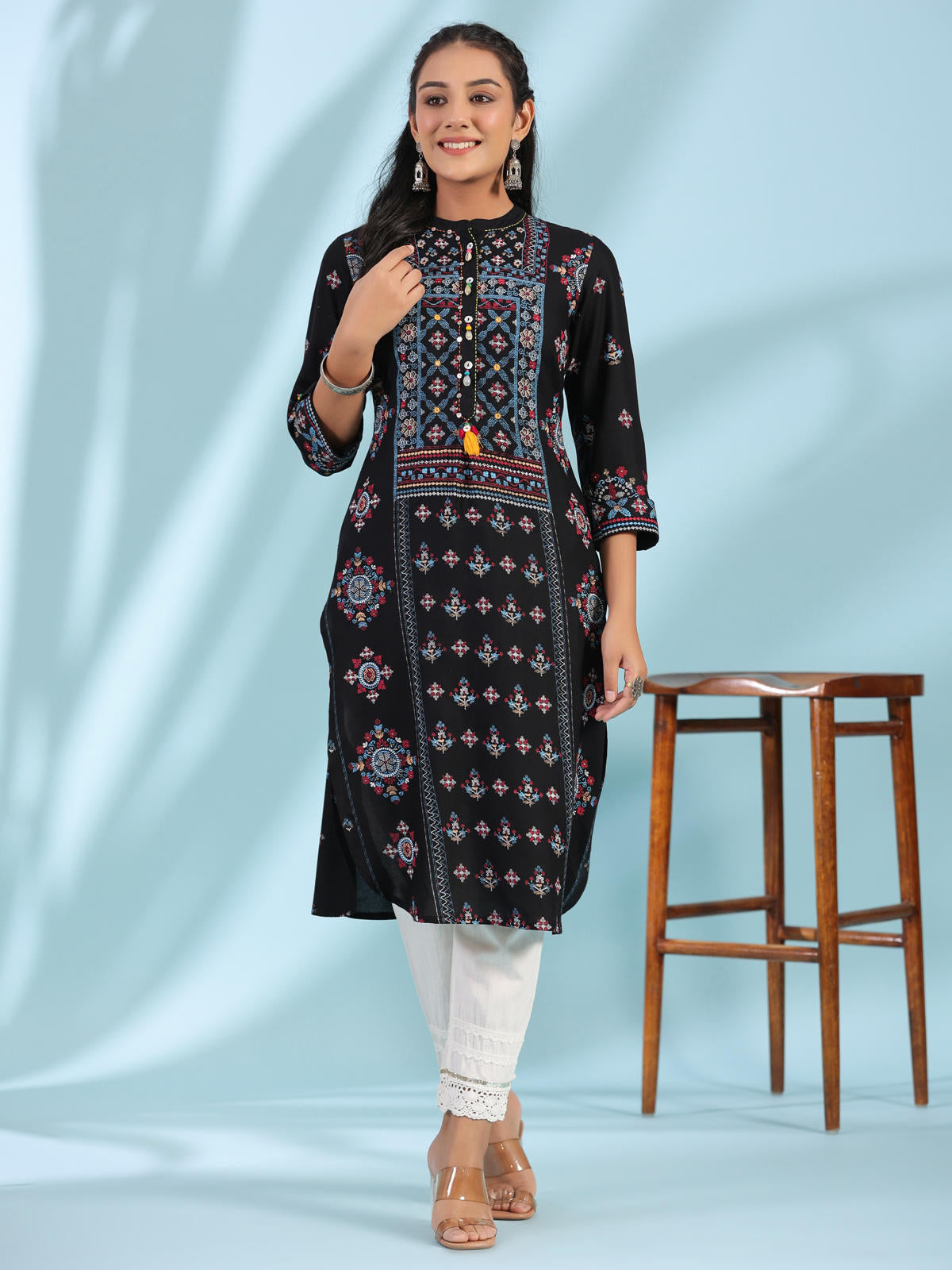 Juniper Women's Black Ethnic Motif Printed Rayon Calf Length Straight Kurta With Kaudis Kantha Work & Sequins | Grocsy