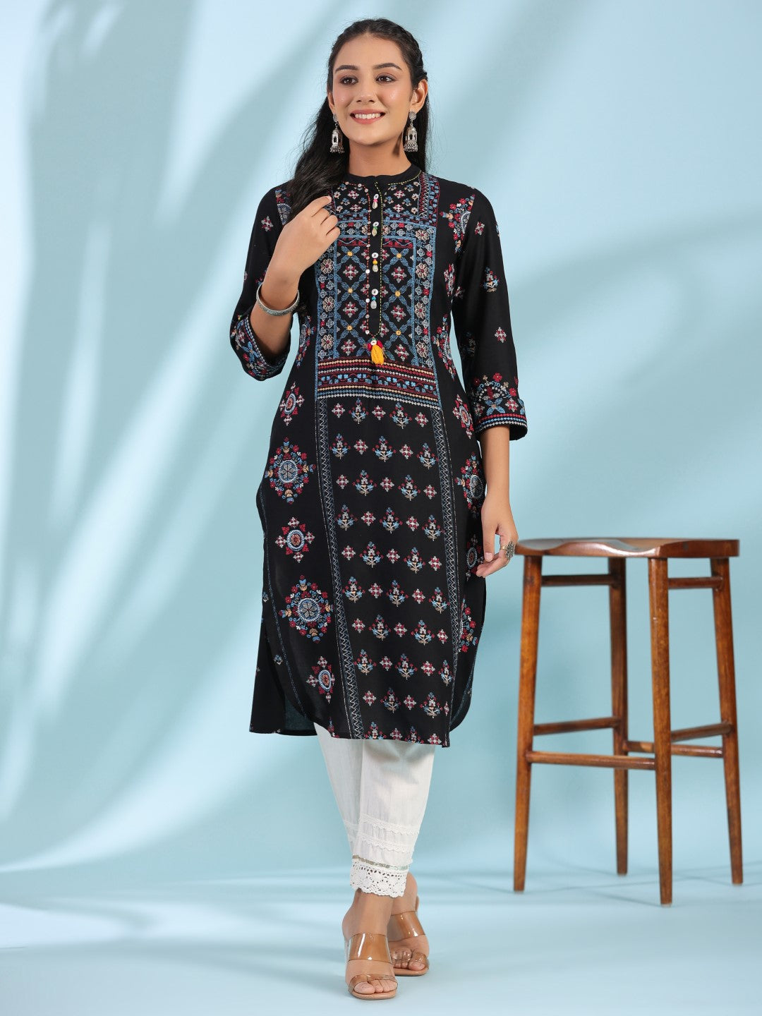 Juniper Black Ethnic Motif Printed Rayon Calf Length Straight Kurta With Kaudis Kantha Work & Sequins | Grocsy