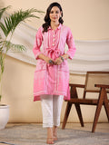 Juniper Women's The Dhara Tie-Up Pink Geometric Printed Cotton Fusion Kurta With Contest 3D Beadwork & Tassels | Grocsy