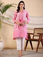 Juniper Women's The Dhara Tie-Up Pink Geometric Printed Cotton Fusion Kurta With Contest 3D Beadwork & Tassels | Grocsy