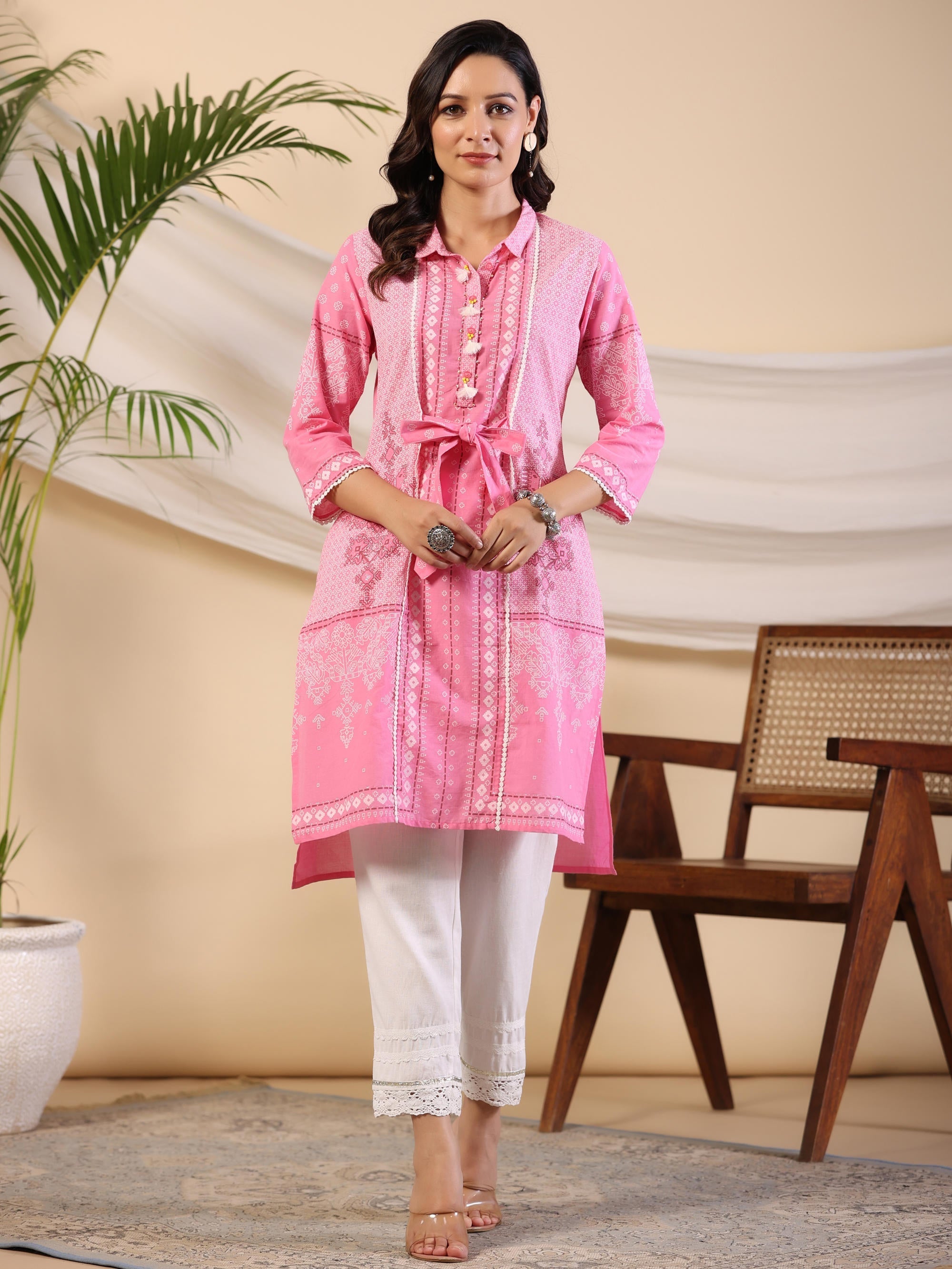 Juniper Women's The Dhara Tie-Up Pink Geometric Printed Cotton Fusion Kurta With Contest 3D Beadwork & Tassels | Grocsy