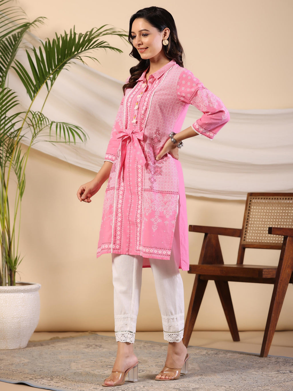 Juniper Women's The Dhara Tie-Up Pink Geometric Printed Cotton Fusion Kurta With Contest 3D Beadwork & Tassels | Grocsy