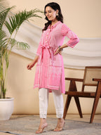 Juniper Women's The Dhara Tie-Up Pink Geometric Printed Cotton Fusion Kurta With Contest 3D Beadwork & Tassels | Grocsy