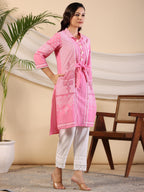 Juniper Women's The Dhara Tie-Up Pink Geometric Printed Cotton Fusion Kurta With Contest 3D Beadwork & Tassels | Grocsy
