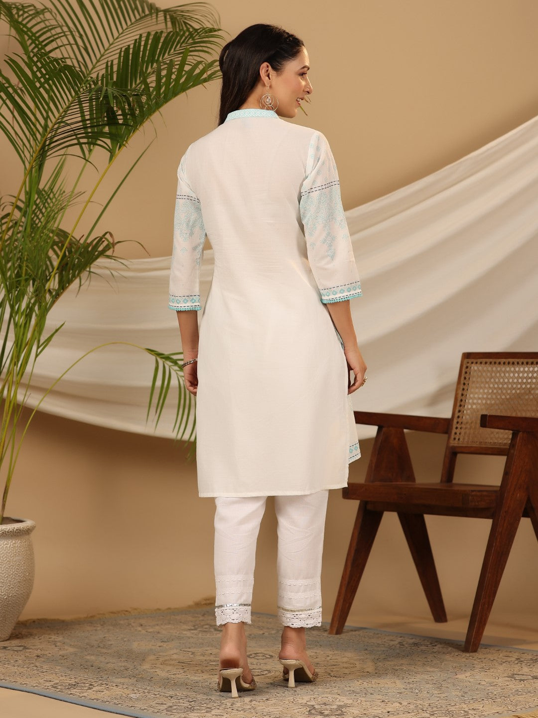 Juniper Women's The Dhara Tie-Up Sky Blue Geometric Printed Cotton Fusion Kurta With Contest 3D Beadwork & Tassels | Grocsy