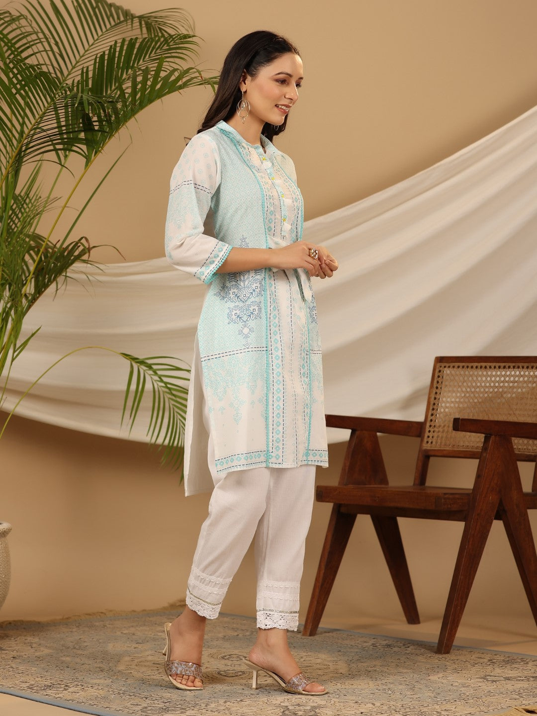 Juniper Women's The Dhara Tie-Up Sky Blue Geometric Printed Cotton Fusion Kurta With Contest 3D Beadwork & Tassels | Grocsy
