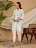 Juniper Women's The Dhara Tie-Up Sky Blue Geometric Printed Cotton Fusion Kurta With Contest 3D Beadwork & Tassels | Grocsy