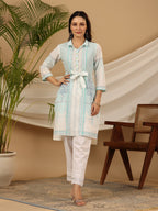 Juniper Women's The Dhara Tie-Up Sky Blue Geometric Printed Cotton Fusion Kurta With Contest 3D Beadwork & Tassels | Grocsy