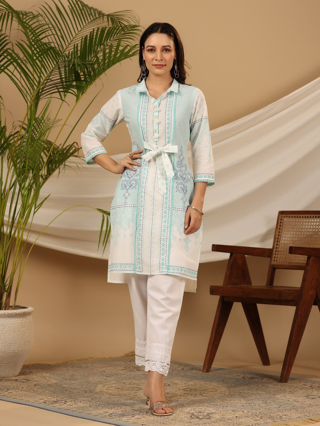 Juniper Women's The Dhara Tie-Up Sky Blue Geometric Printed Cotton Fusion Kurta With Contest 3D Beadwork & Tassels | Grocsy