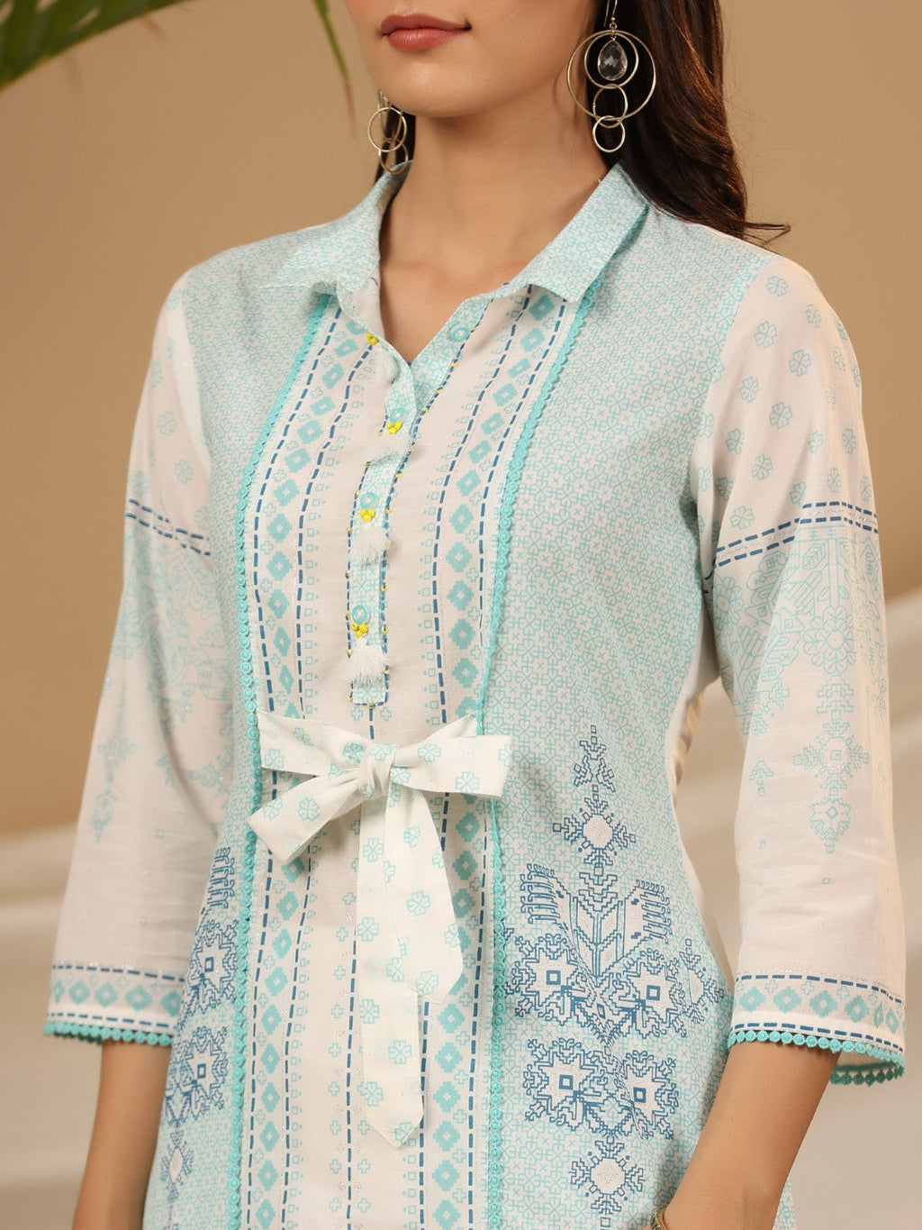 Juniper Women's The Dhara Tie-Up Sky Blue Geometric Printed Cotton Fusion Kurta With Contest 3D Beadwork & Tassels | Grocsy