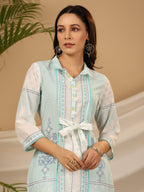 Juniper Women's The Dhara Tie-Up Sky Blue Geometric Printed Cotton Fusion Kurta With Contest 3D Beadwork & Tassels | Grocsy