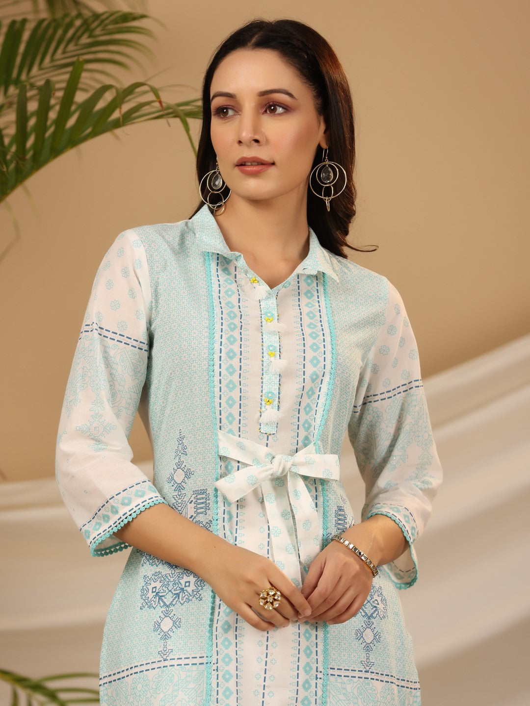 Juniper Women's The Dhara Tie-Up Sky Blue Geometric Printed Cotton Fusion Kurta With Contest 3D Beadwork & Tassels | Grocsy