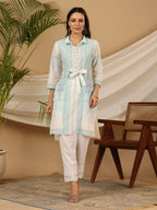Juniper Women's The Dhara Tie-Up Sky Blue Geometric Printed Cotton Fusion Kurta With Contest 3D Beadwork & Tassels | Grocsy