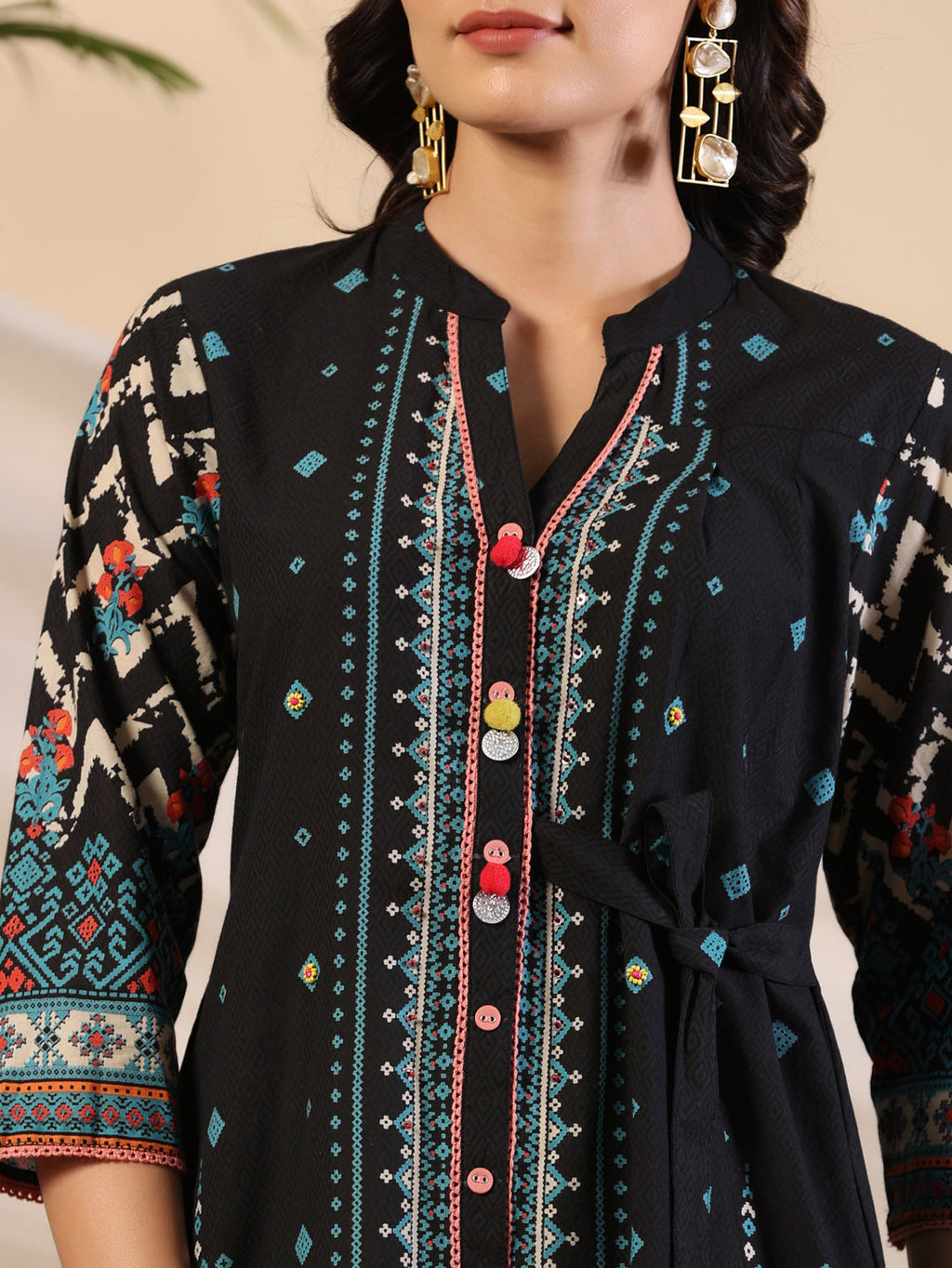 Juniper Black Geometric Printed Cotton Fusion Kurta With Contrast 3D Beadwork Side Tie-Ups & Coins | Grocsy