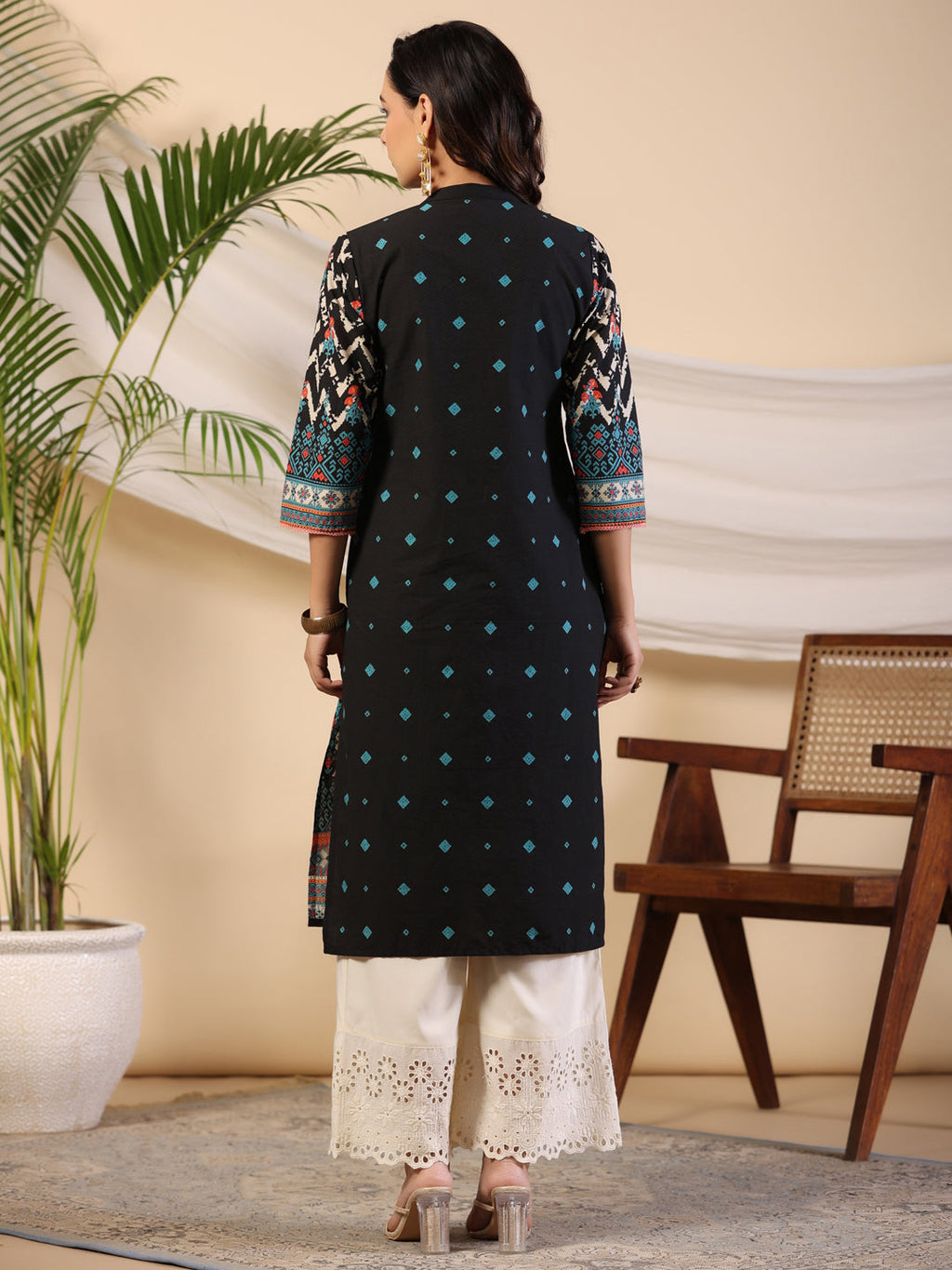 Juniper Black Geometric Printed Cotton Fusion Kurta With Contrast 3D Beadwork Side Tie-Ups & Coins | Grocsy