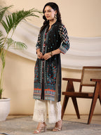 Juniper Black Geometric Printed Cotton Fusion Kurta With Contrast 3D Beadwork Side Tie-Ups & Coins | Grocsy