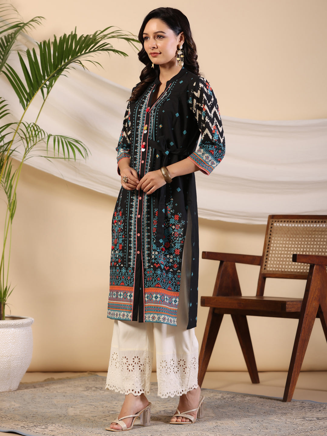 Juniper Black Geometric Printed Cotton Fusion Kurta With Contrast 3D Beadwork Side Tie-Ups & Coins | Grocsy
