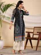 Juniper Black Geometric Printed Cotton Fusion Kurta With Contrast 3D Beadwork Side Tie-Ups & Coins | Grocsy