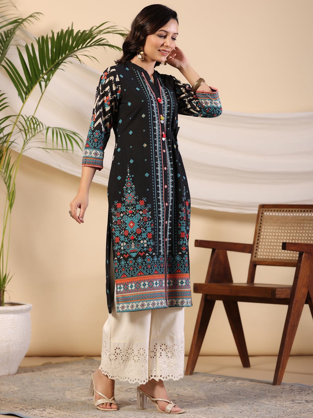 Juniper Black Geometric Printed Cotton Fusion Kurta With Contrast 3D Beadwork Side Tie-Ups & Coins | Grocsy