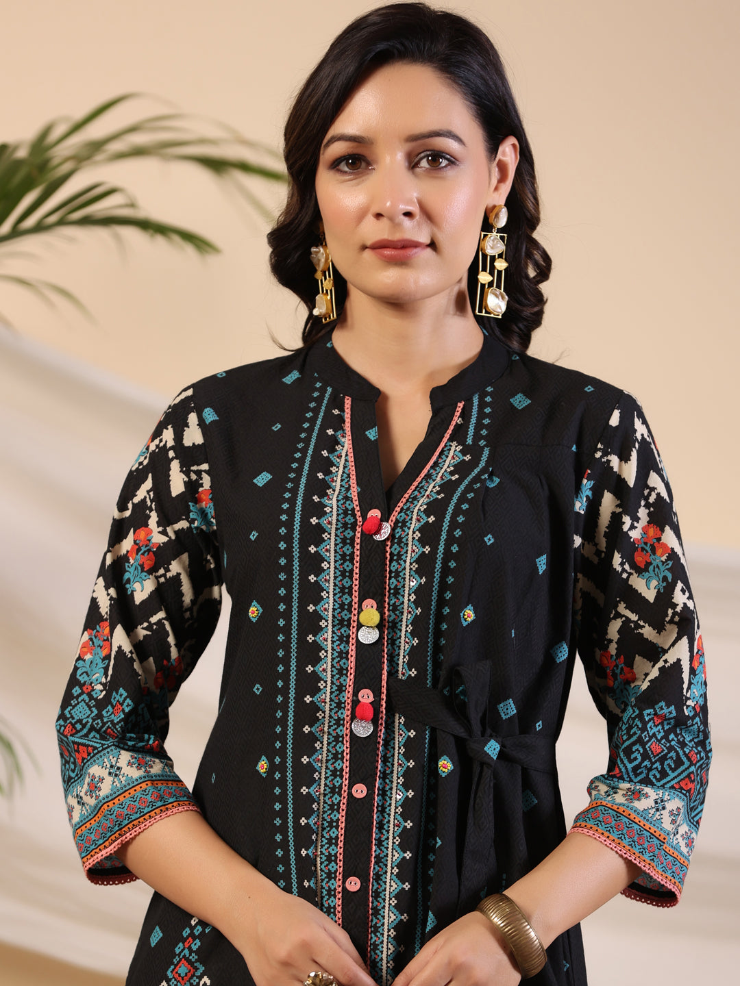Juniper Black Geometric Printed Cotton Fusion Kurta With Contrast 3D Beadwork Side Tie-Ups & Coins | Grocsy
