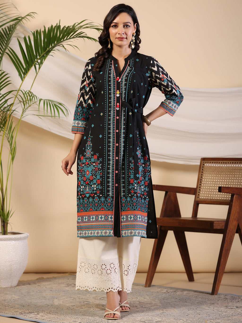 Juniper Black Geometric Printed Cotton Fusion Kurta With Contrast 3D Beadwork Side Tie-Ups & Coins | Grocsy