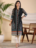 Juniper Black Geometric Printed Cotton Fusion Kurta With Contrast 3D Beadwork Side Tie-Ups & Coins | Grocsy