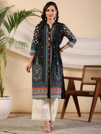 Juniper Black Geometric Printed Cotton Fusion Kurta With Contrast 3D Beadwork Side Tie-Ups & Coins | Grocsy