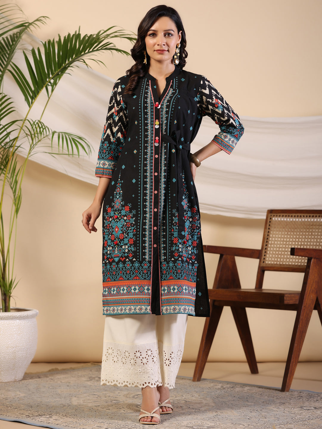 Juniper Black Geometric Printed Cotton Fusion Kurta With Contrast 3D Beadwork Side Tie-Ups & Coins | Grocsy
