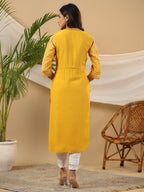 Juniper The Madhubala Women Mustard Geometric Printed Rayon Kurta With Contrast Beadwork Sequins & Tassels | Grocsy